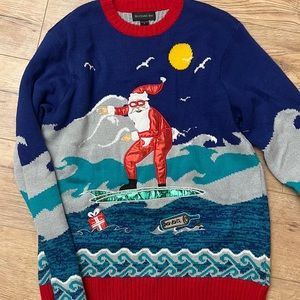 Ugly Christmas holiday sweater- surfing Santa! Blizzard Bay L